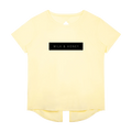 Short-sleeve yellow T-shirt with crew neck, black rectangular chest print reading 'MILK & HONEY', curved high-low hem with…