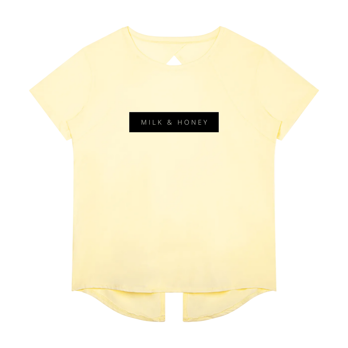 Short-sleeve yellow T-shirt with crew neck, black rectangular chest print reading 'MILK & HONEY', curved high-low hem with…