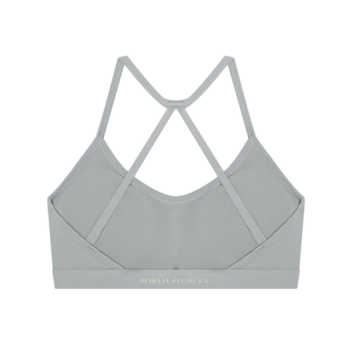 Gray sports bra back with narrow crisscross straps and elastic band showing REBELLE FLEUR LA logo