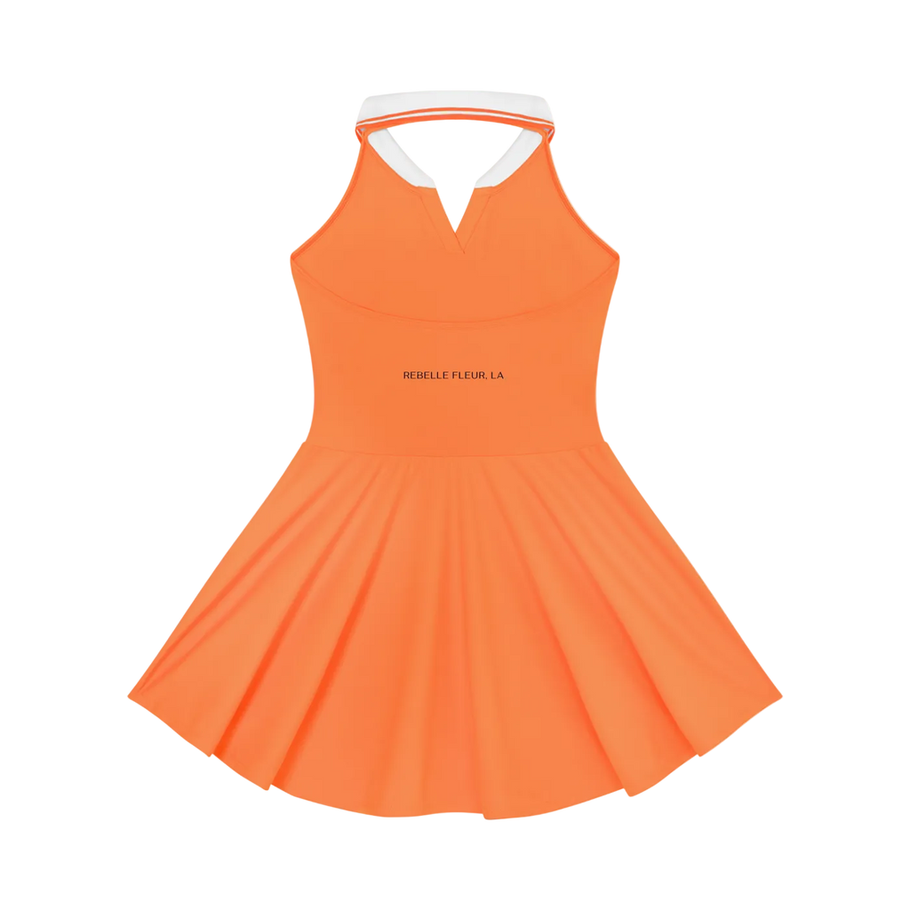 Sleeveless halter A-line tennis dress with white collar, V-notch front and 'REBELLE FLEUR, LA' printed on bodice