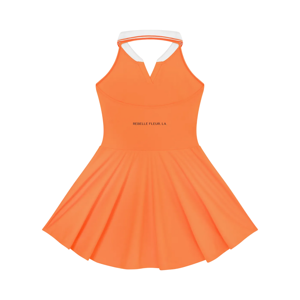 Sleeveless halter A-line tennis dress with white collar, V-notch front and 'REBELLE FLEUR, LA' printed on bodice