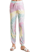 Front view tie-dye lounge pants with drawstring waist, elastic ankle cuffs, pastel lavender, yellow, and mint swirls