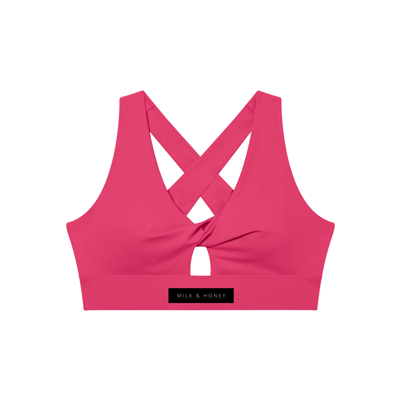 Pink twist-front sports bra with crossed back straps, small front keyhole and wide branded band