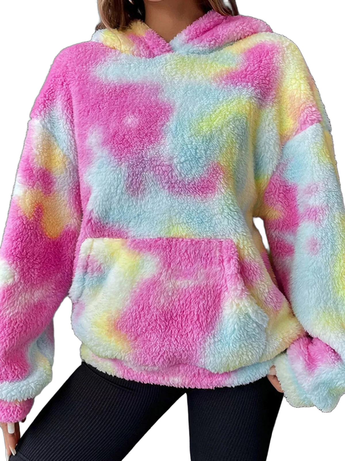 Fuzzy tie-dye hooded sweatshirt with kangaroo pocket, pink, light blue and yellow patches, drop-shoulder sleeves
