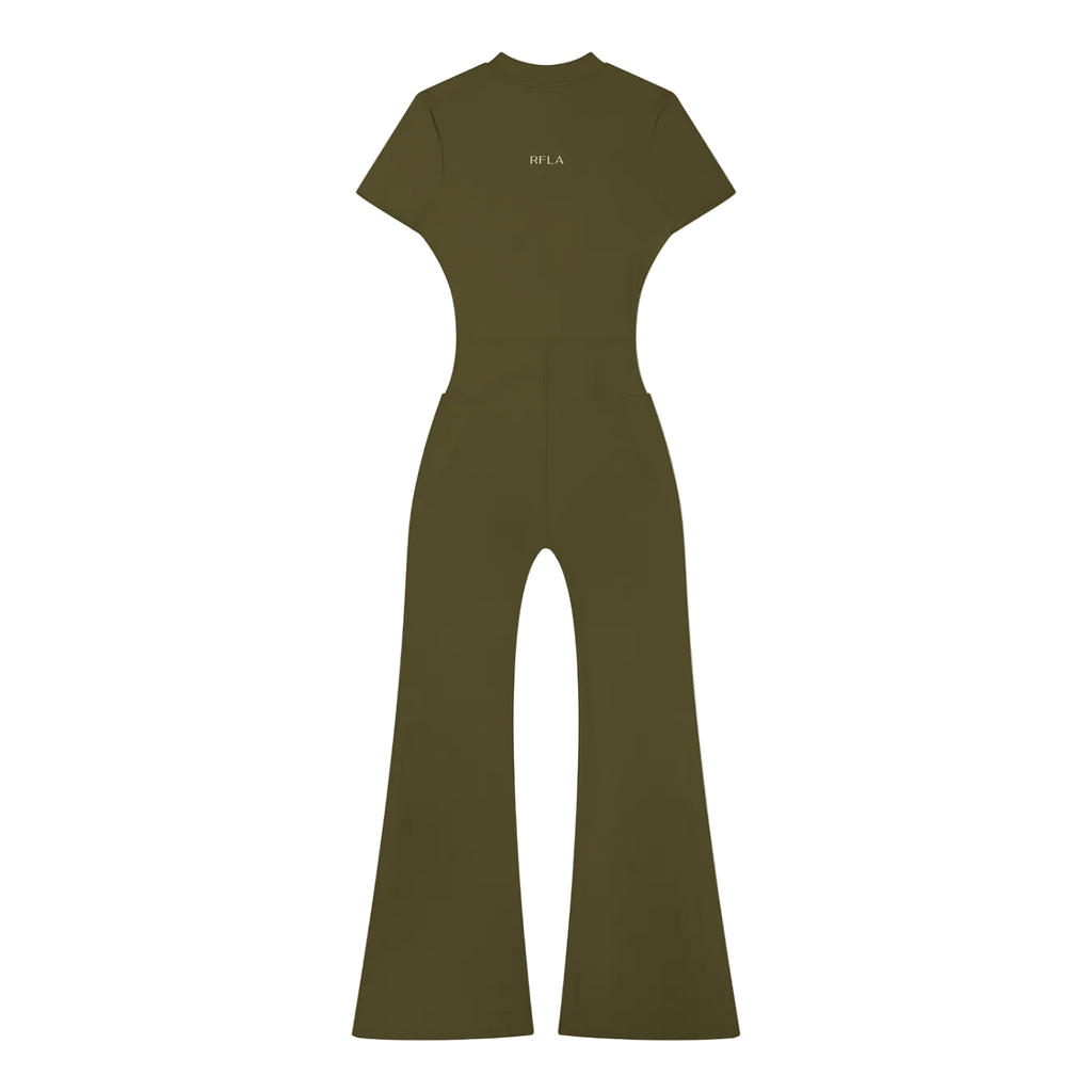 Back view short-sleeve jumpsuit with high waist and wide flared legs, small centered 'RFLA' logo on upper back