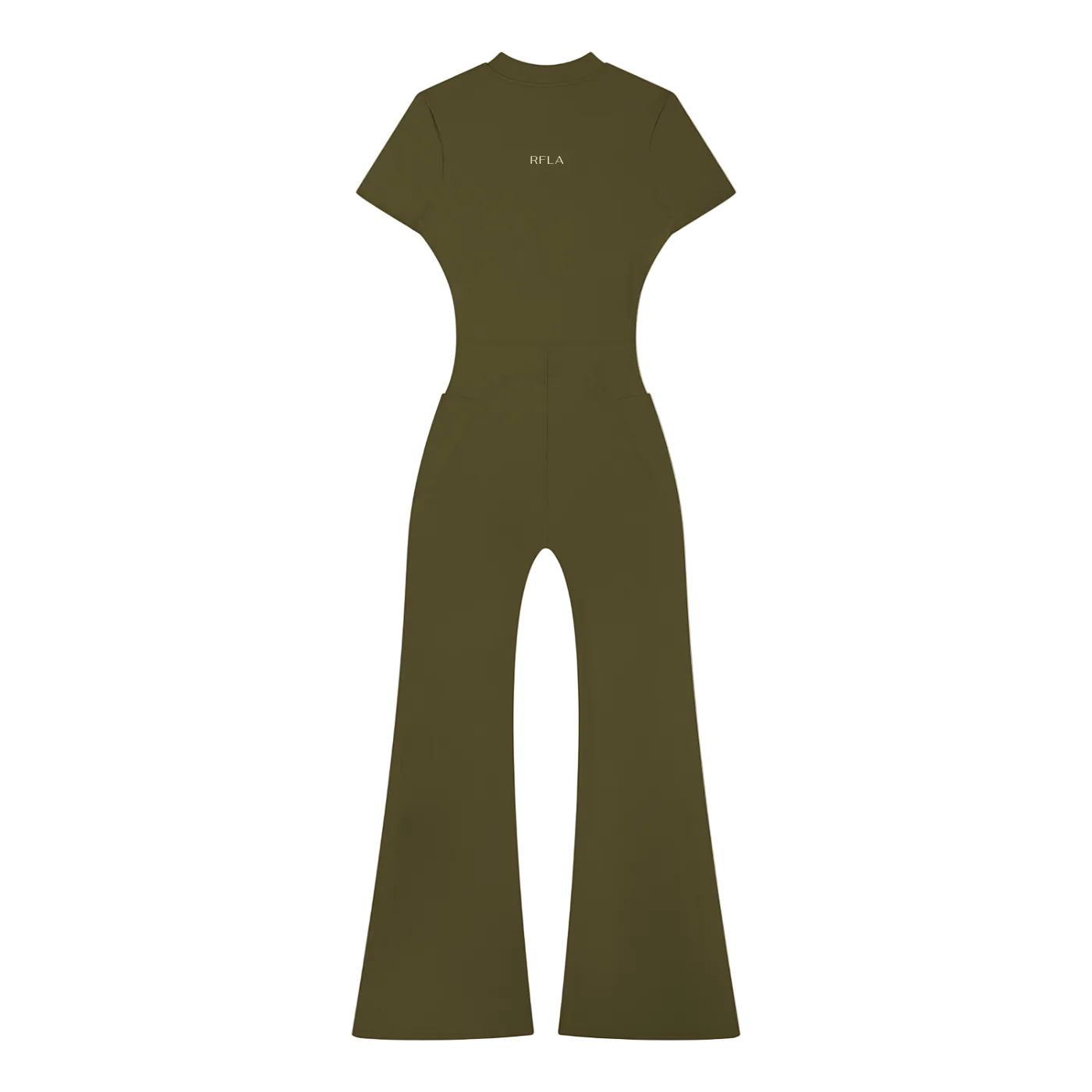 Back view short-sleeve jumpsuit with high waist and wide flared legs, small centered 'RFLA' logo on upper back
