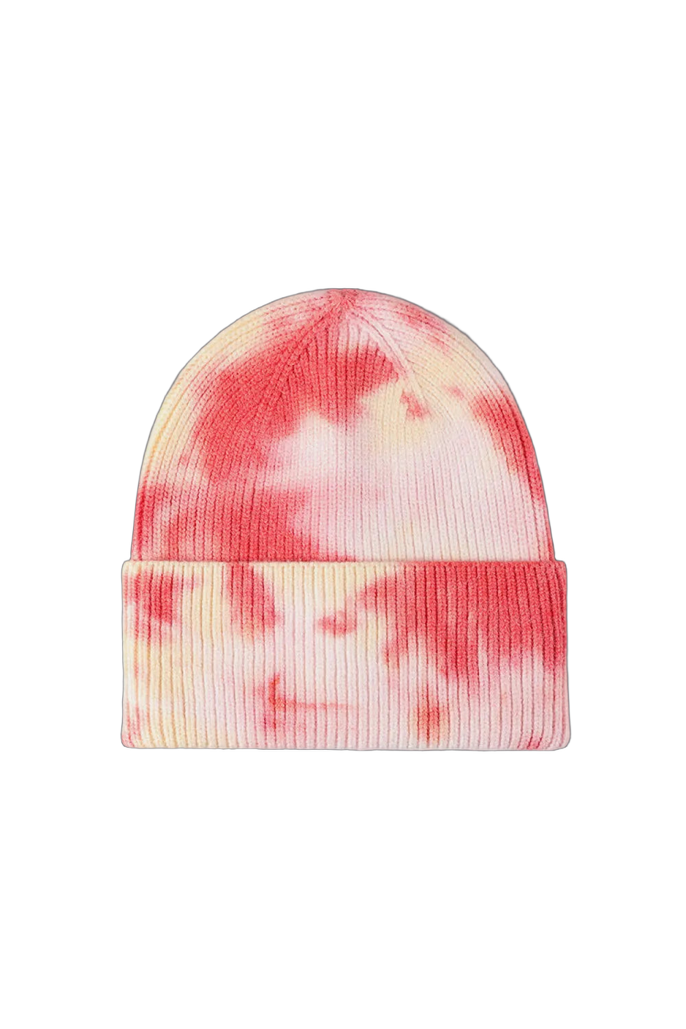 Cuffed rib-knit beanie with tangerine and pink tie-dye pattern, folded cuff and vertical ribbed texture
