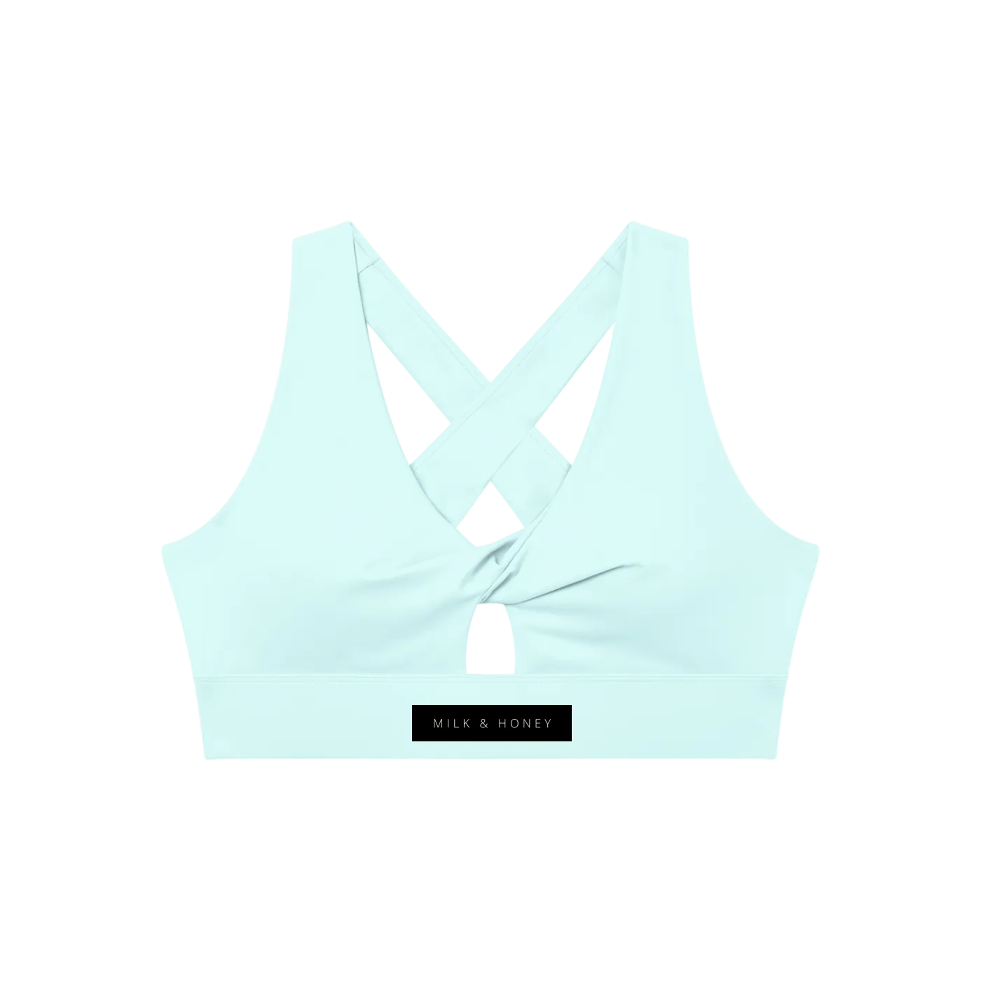 Twist-front sports bra with crisscross back straps, center keyhole and MILK & HONEY label