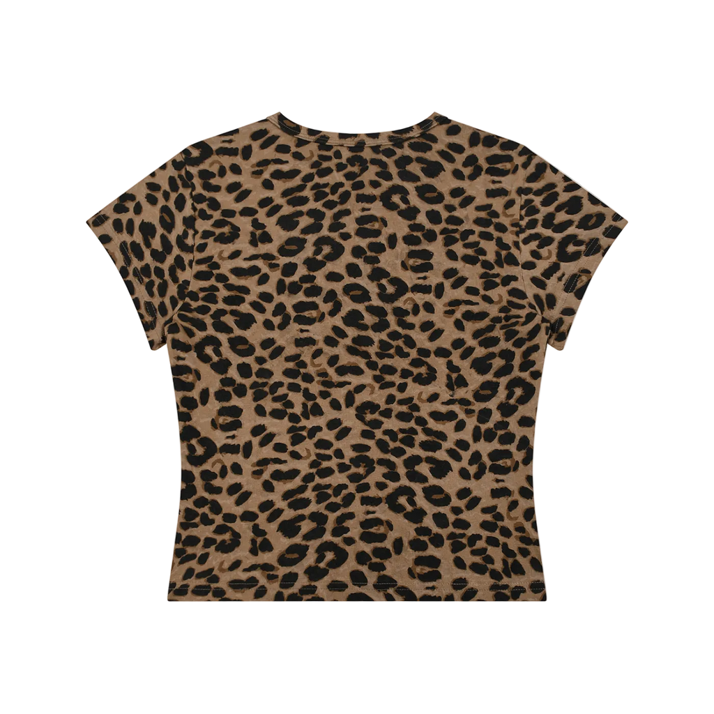 Back view of a leopard-print cropped T-shirt with round neckline and short sleeves