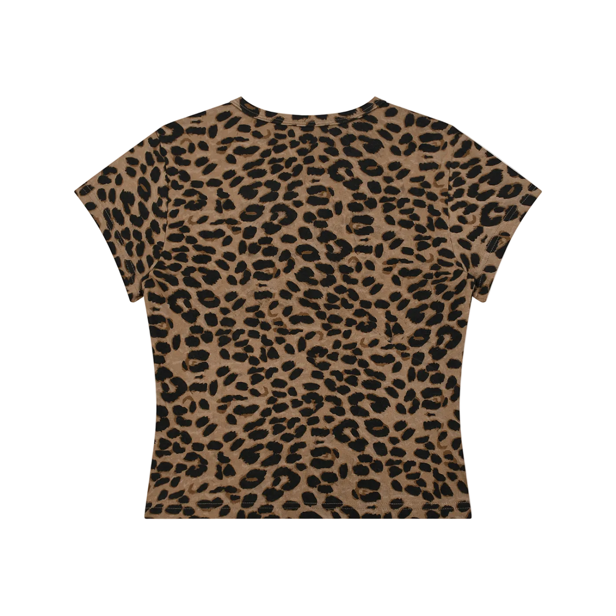 Back view of a leopard-print cropped T-shirt with round neckline and short sleeves