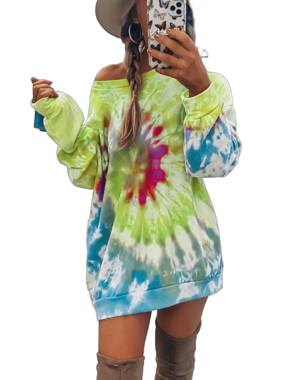 Off-shoulder long-sleeve tie-dye dress with green, blue and pink pattern; model holding phone, wearing boots