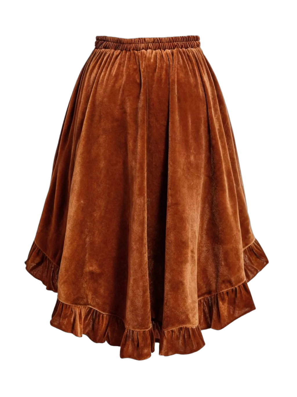 Elastic-waist ruffled skirt with tiered, gathered hem in caramel velvet texture
