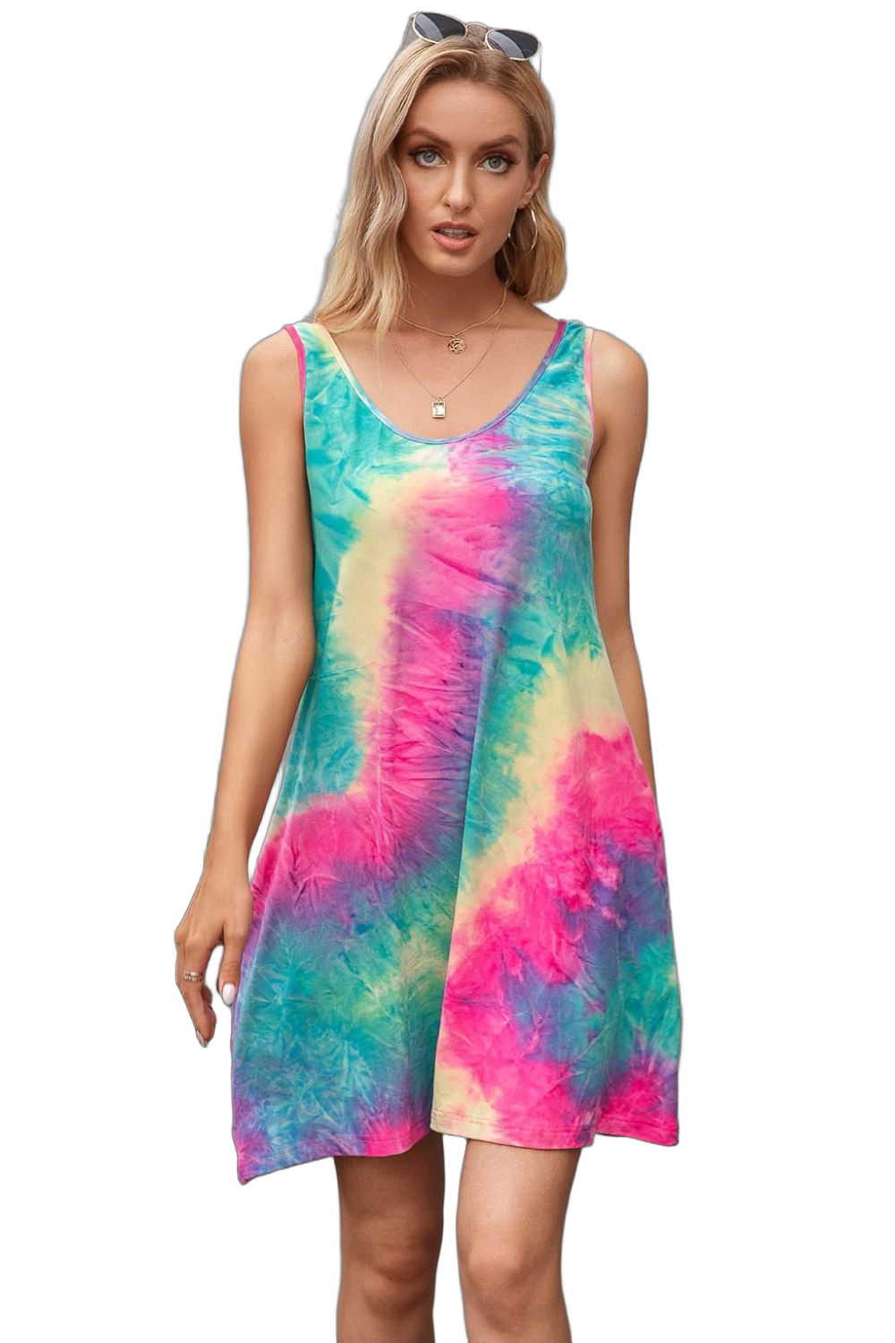 Sleeveless tie-dye mini dress with round neckline in pink, teal and yellow, front view