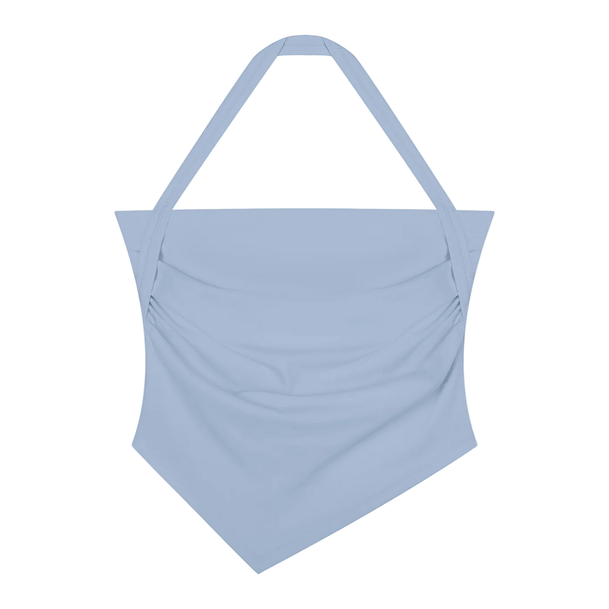 Haze blue halter-neck cropped tank with thin straps, ruched sides and pointed bandana hem