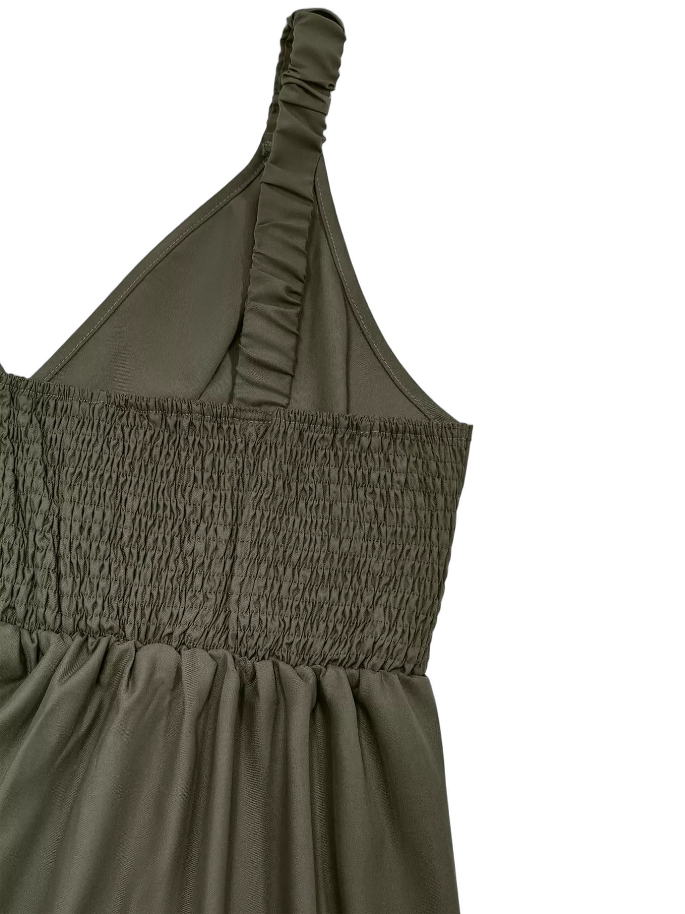 Olive-green smocked bodice with ruched shoulder strap and gathered skirt