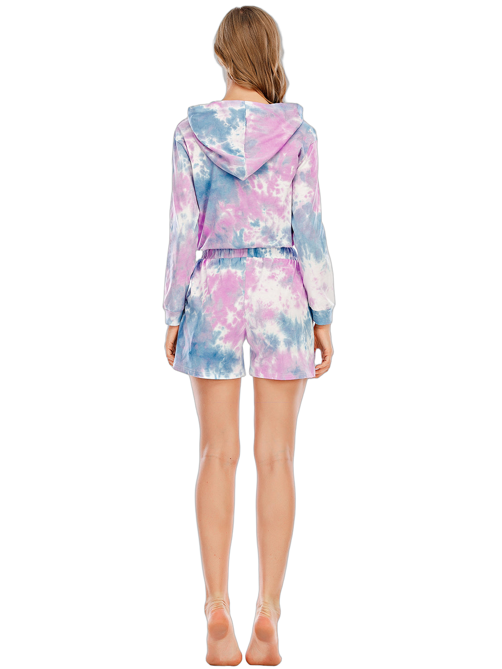 Rear view of model wearing lilac tie-dye hooded long-sleeve top and matching shorts