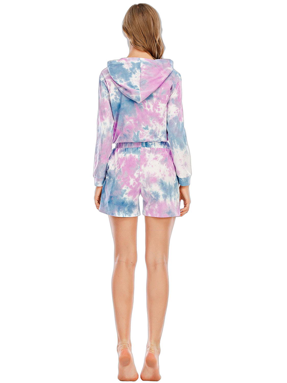 Rear view of model wearing lilac tie-dye hooded long-sleeve top and matching shorts