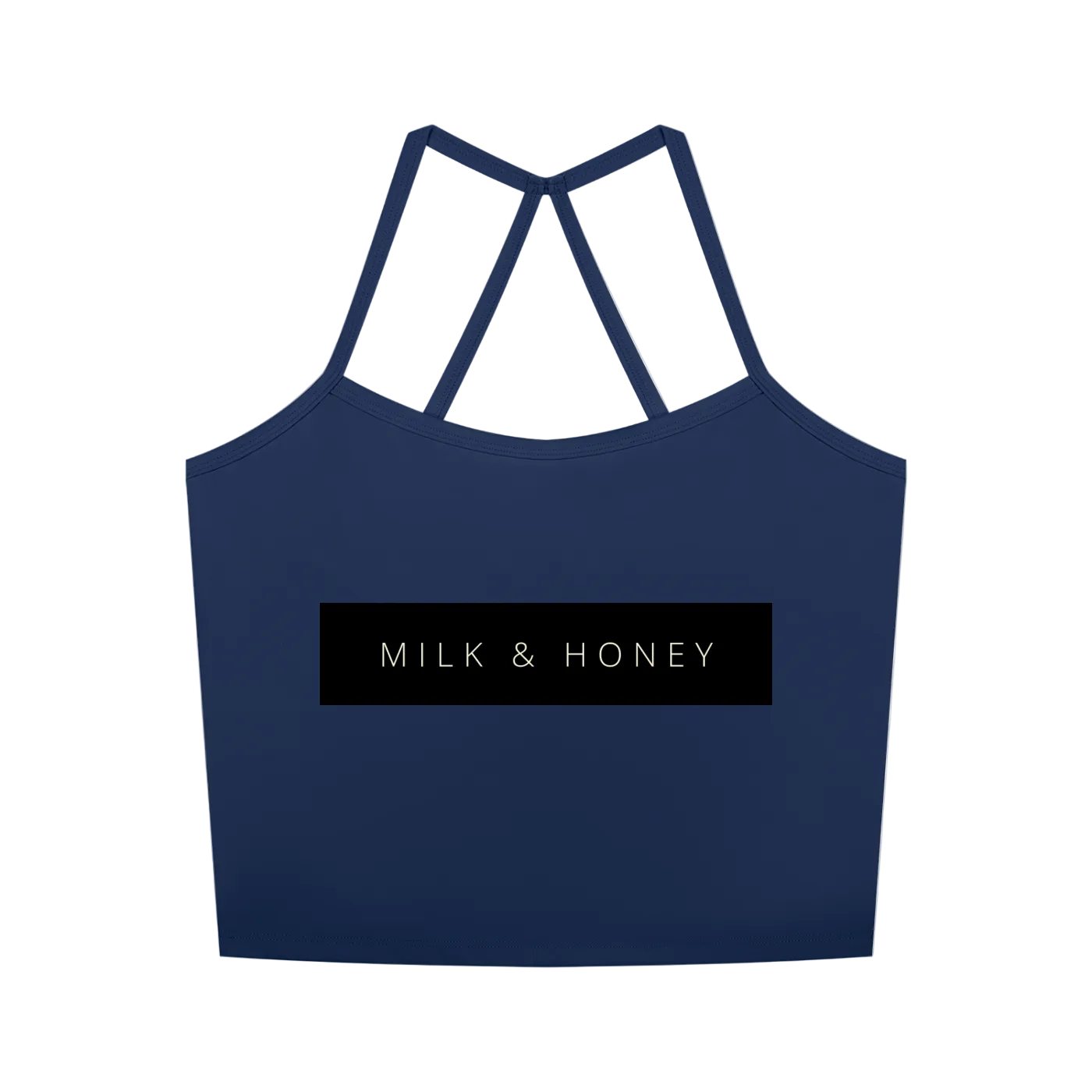 Navy cropped tank with thin crisscross back straps and centered black rectangle reading "MILK & HONEY"