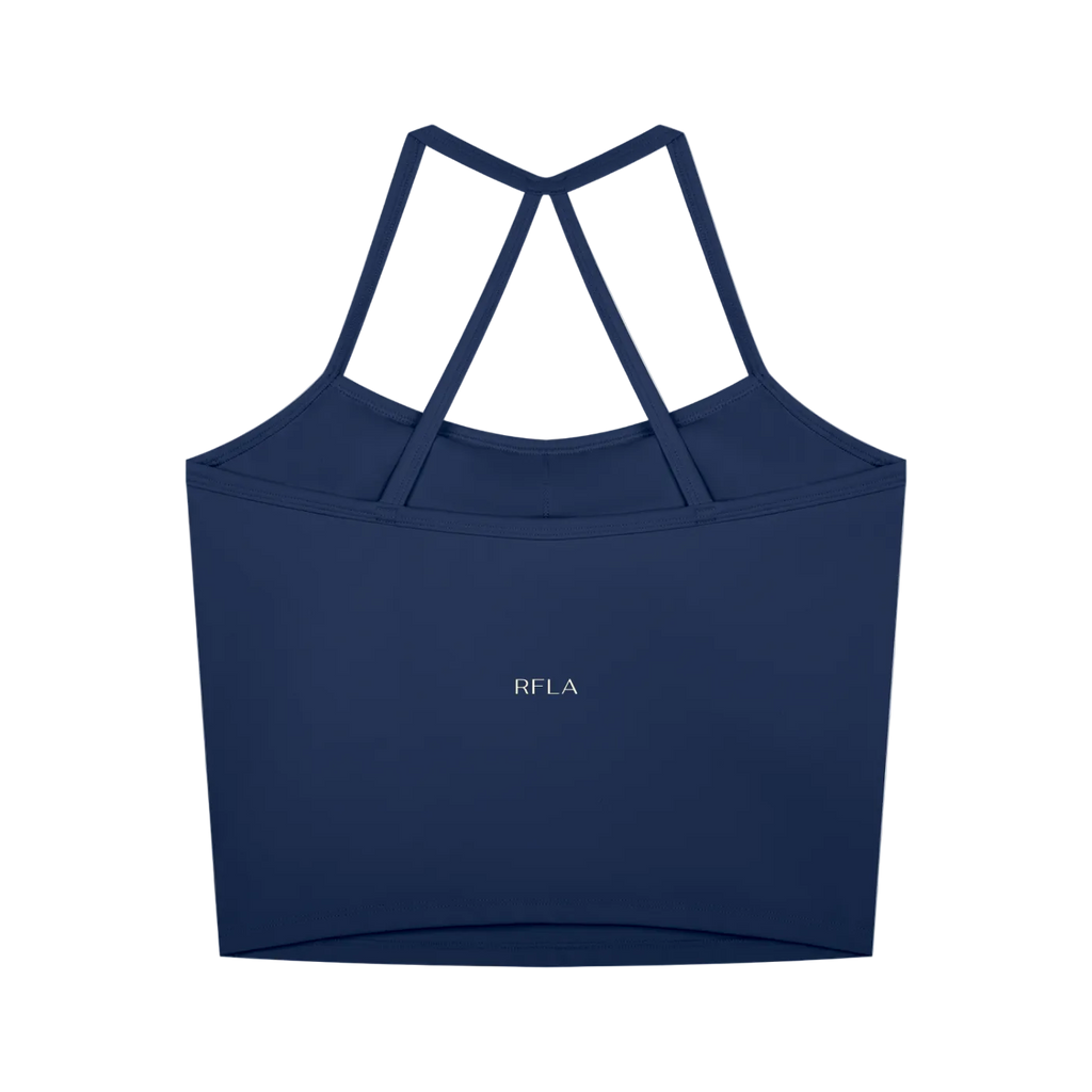 Navy cropped tank with thin crisscross back straps and small centered "RFLA" logo