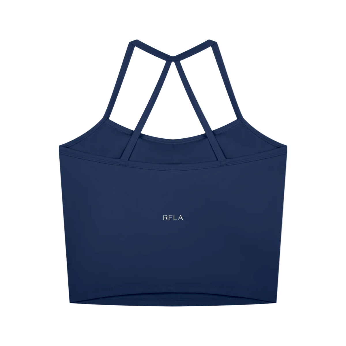 Navy cropped tank with thin crisscross back straps and small centered "RFLA" logo