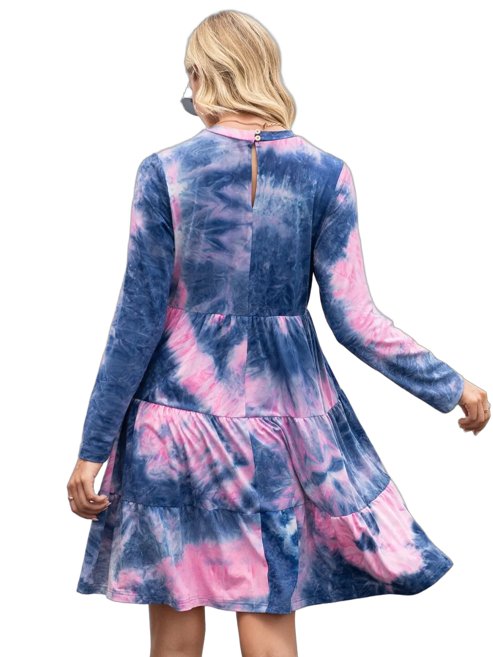 Back view of long-sleeve tie-dye dress in blue and pink, tiered skirt, round neck with back keyhole button.