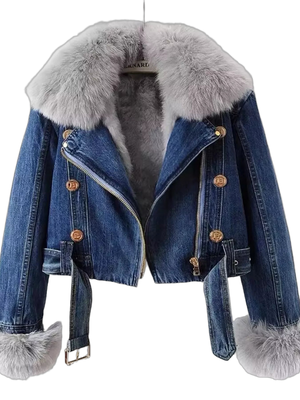 Blue denim jacket with large plush gray faux fur collar and cuffs, gold buttons, zipper and belted waist