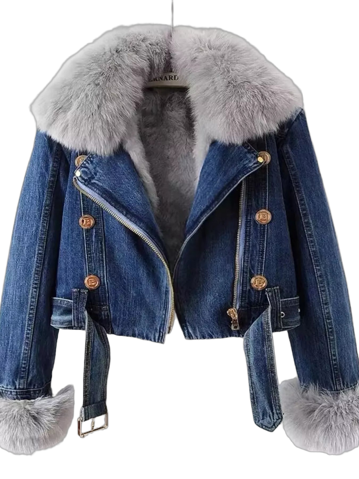 Blue denim jacket with large plush gray faux fur collar and cuffs, gold buttons, zipper and belted waist