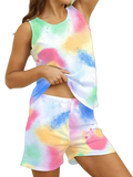 Sleeveless round-neck top and elastic-waist shorts with pastel tie-dye splatter pattern