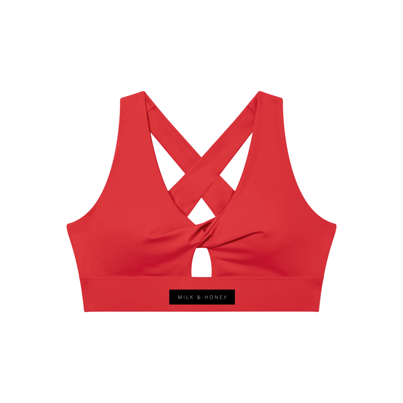 Red twist-front sports bra with crisscross back, small front keyhole and wide elastic band labeled "MILK & HONEY"