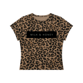 Cropped short-sleeve round-neck t-shirt with brown leopard print and black 'MILK & HONEY' chest panel