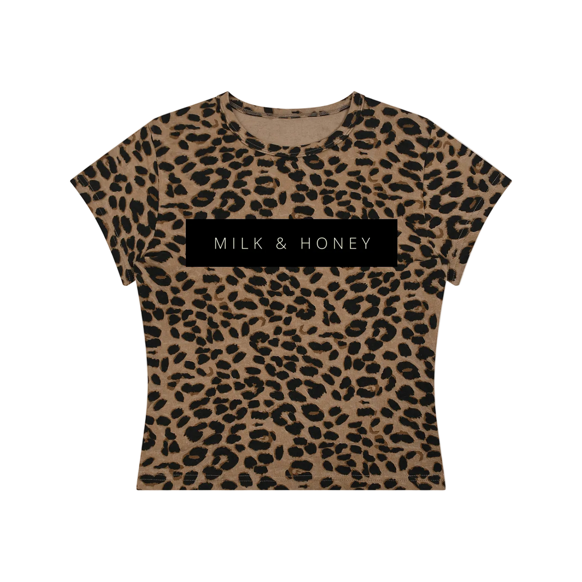 Cropped short-sleeve round-neck t-shirt with brown leopard print and black 'MILK & HONEY' chest panel