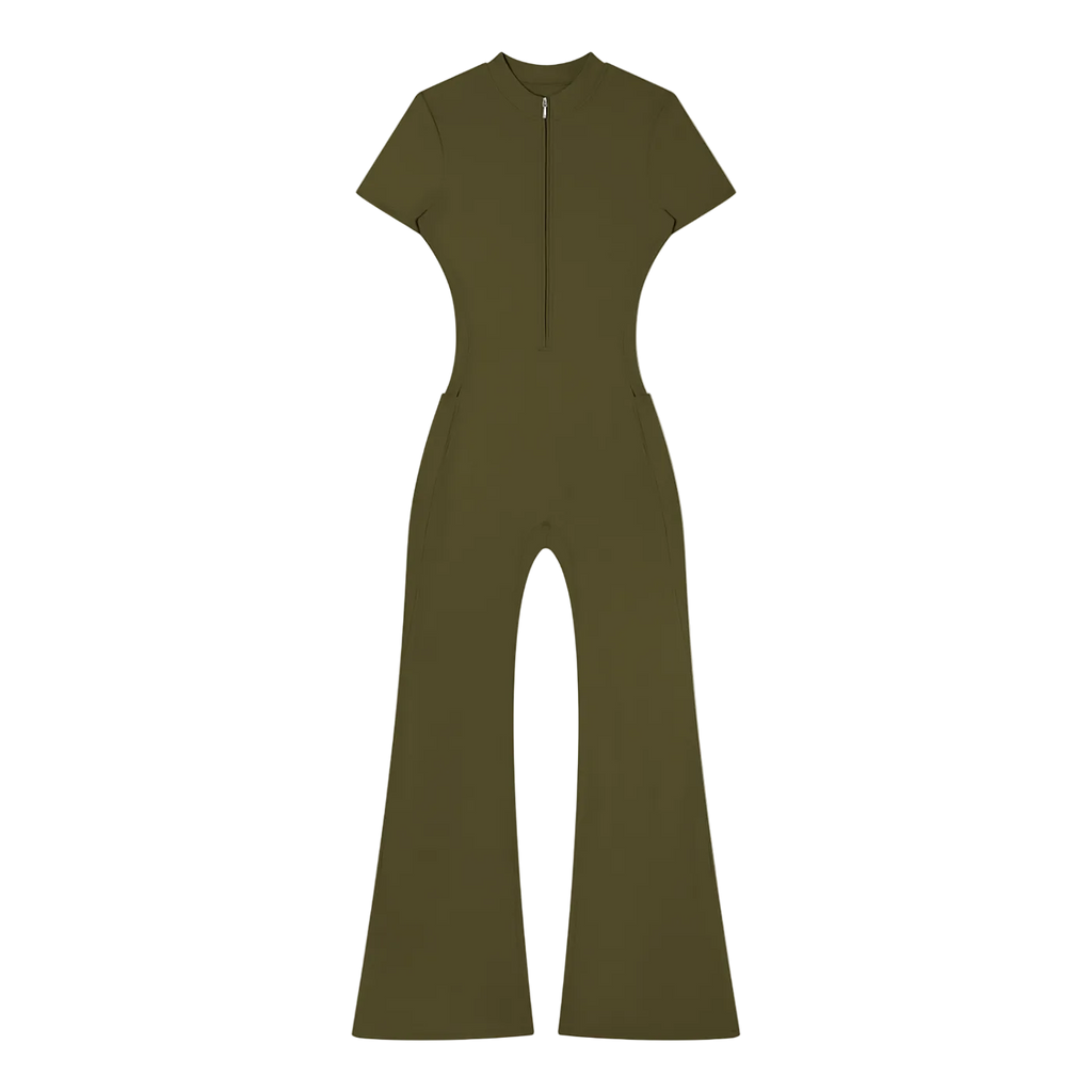 Short-sleeve olive green jumpsuit with front quarter zip and flared legs