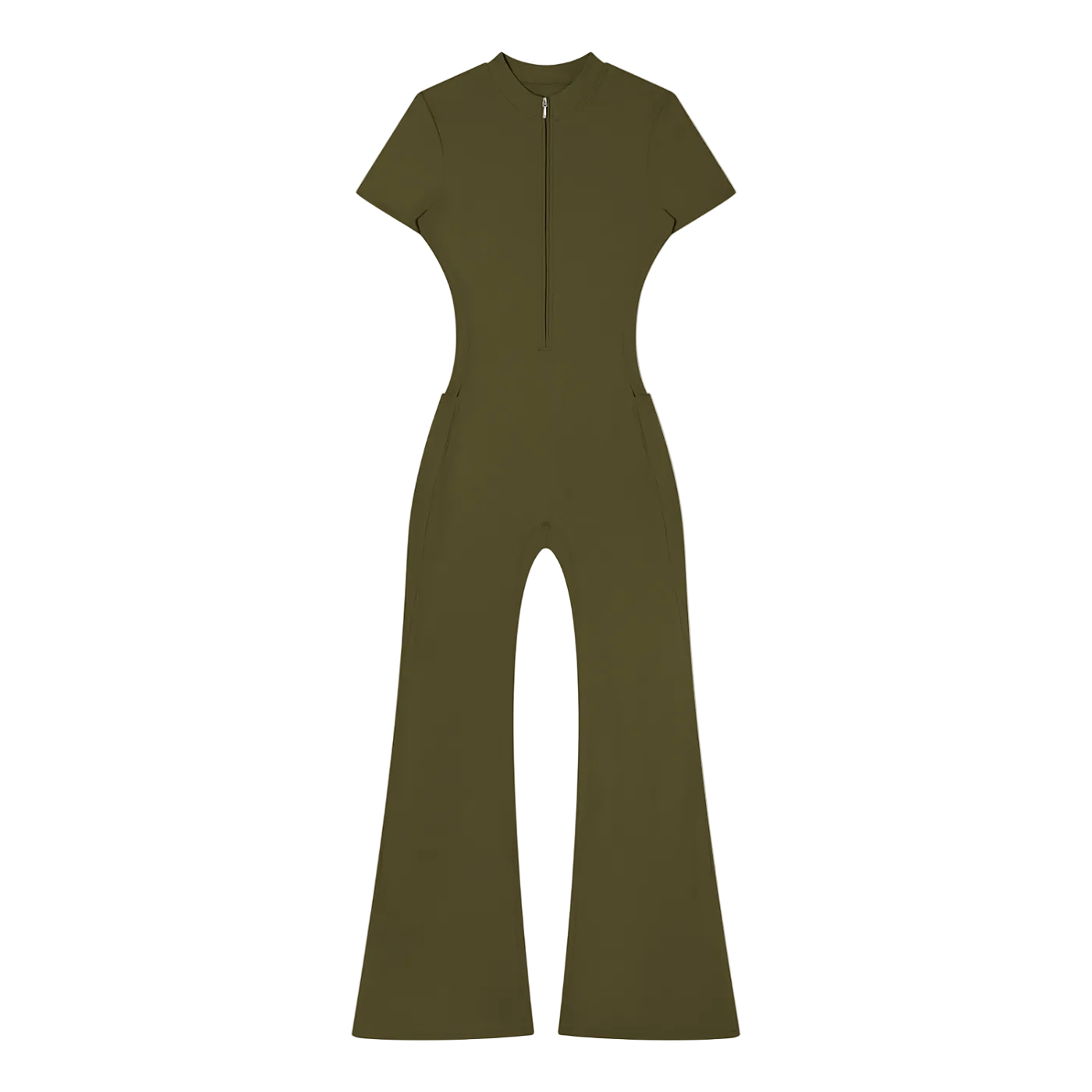 Short-sleeve olive green jumpsuit with front quarter zip and flared legs