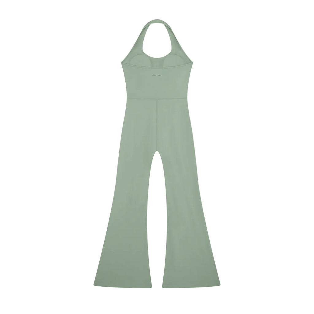 Halter-neck sleeveless jumpsuit with fitted bodice and dramatic flared legs in gray-green