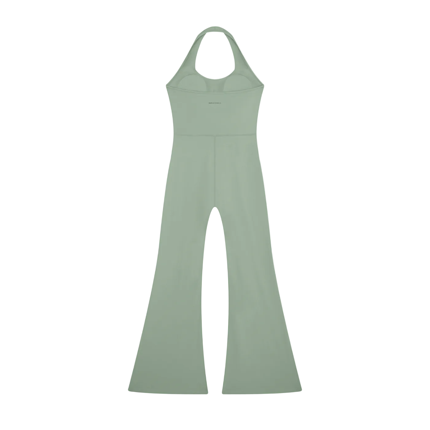 Halter-neck sleeveless jumpsuit with fitted bodice and dramatic flared legs in gray-green