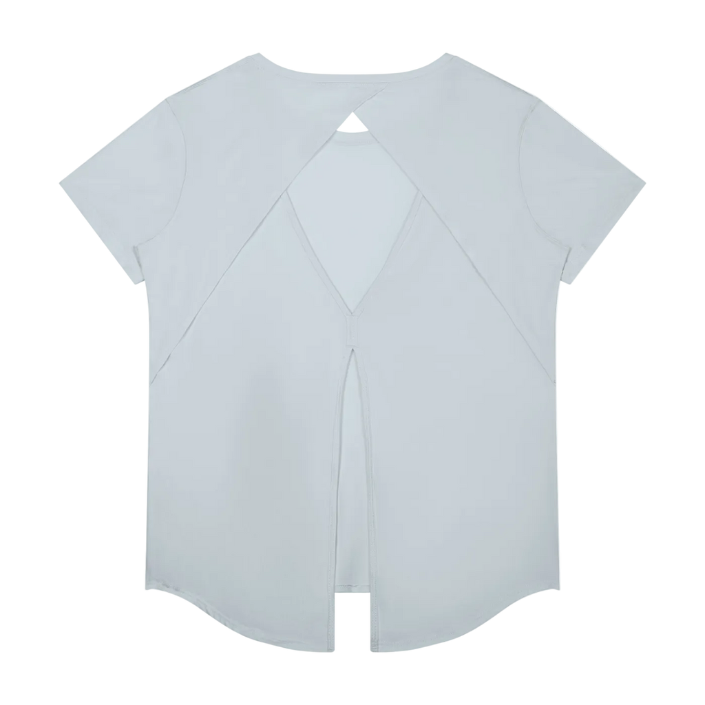 Back of light gray-blue short-sleeve t-shirt with overlapping triangular cutout and center vertical slit
