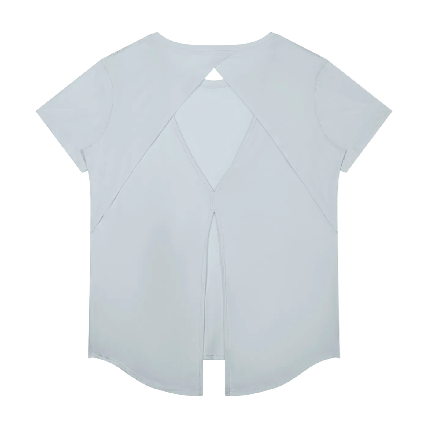 Back of light gray-blue short-sleeve t-shirt with overlapping triangular cutout and center vertical slit