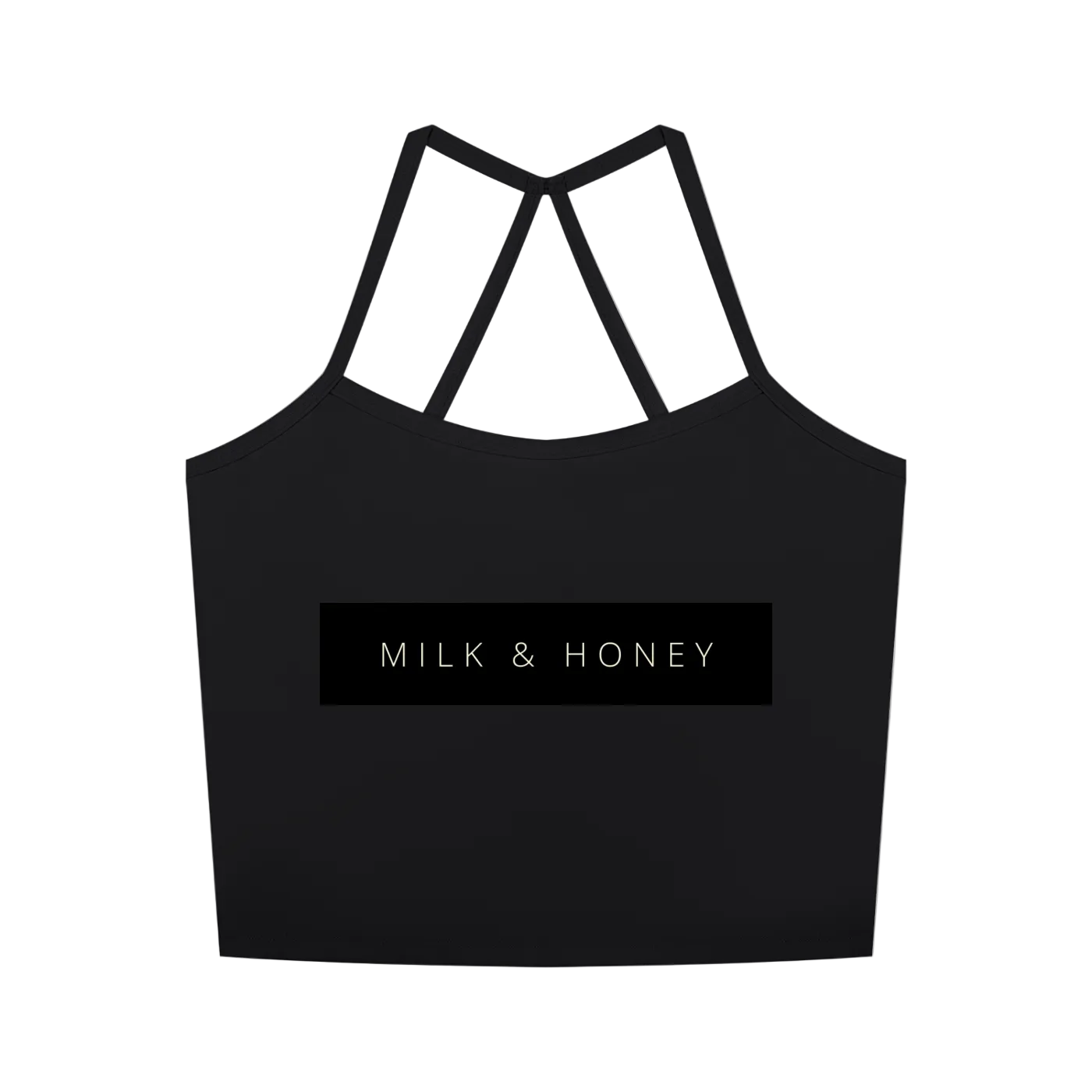 Cropped sleeveless tank with thin crossed back straps and centered rectangular "MILK & HONEY" logo