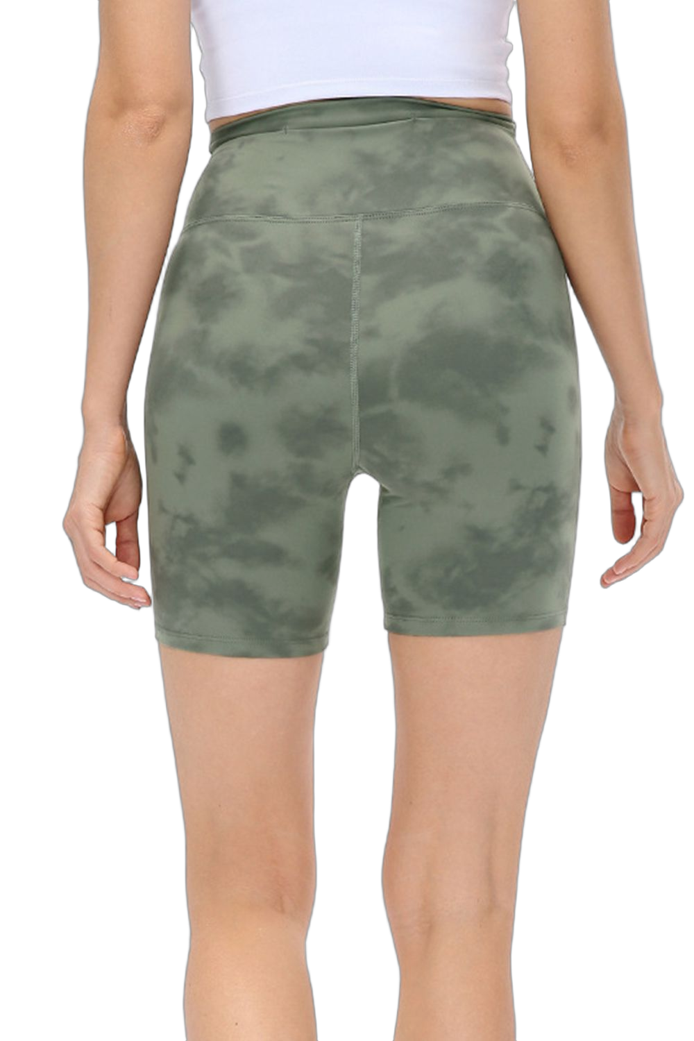Back view of slim, high-waist tie-dye matcha green sports shorts with center-back seam and mid-thigh length.