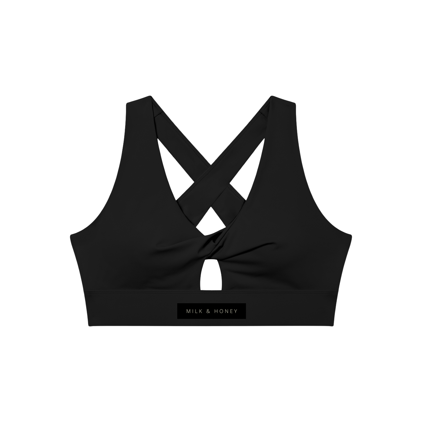 Twist-front sports bra with crossed back straps, small front keyhole and "MILK & HONEY" label on the band
