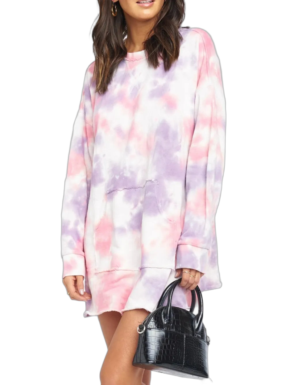 Pastel tie-dye round-neck long-sleeve dress with front kangaroo pocket; model holds black croc-embossed handbag.