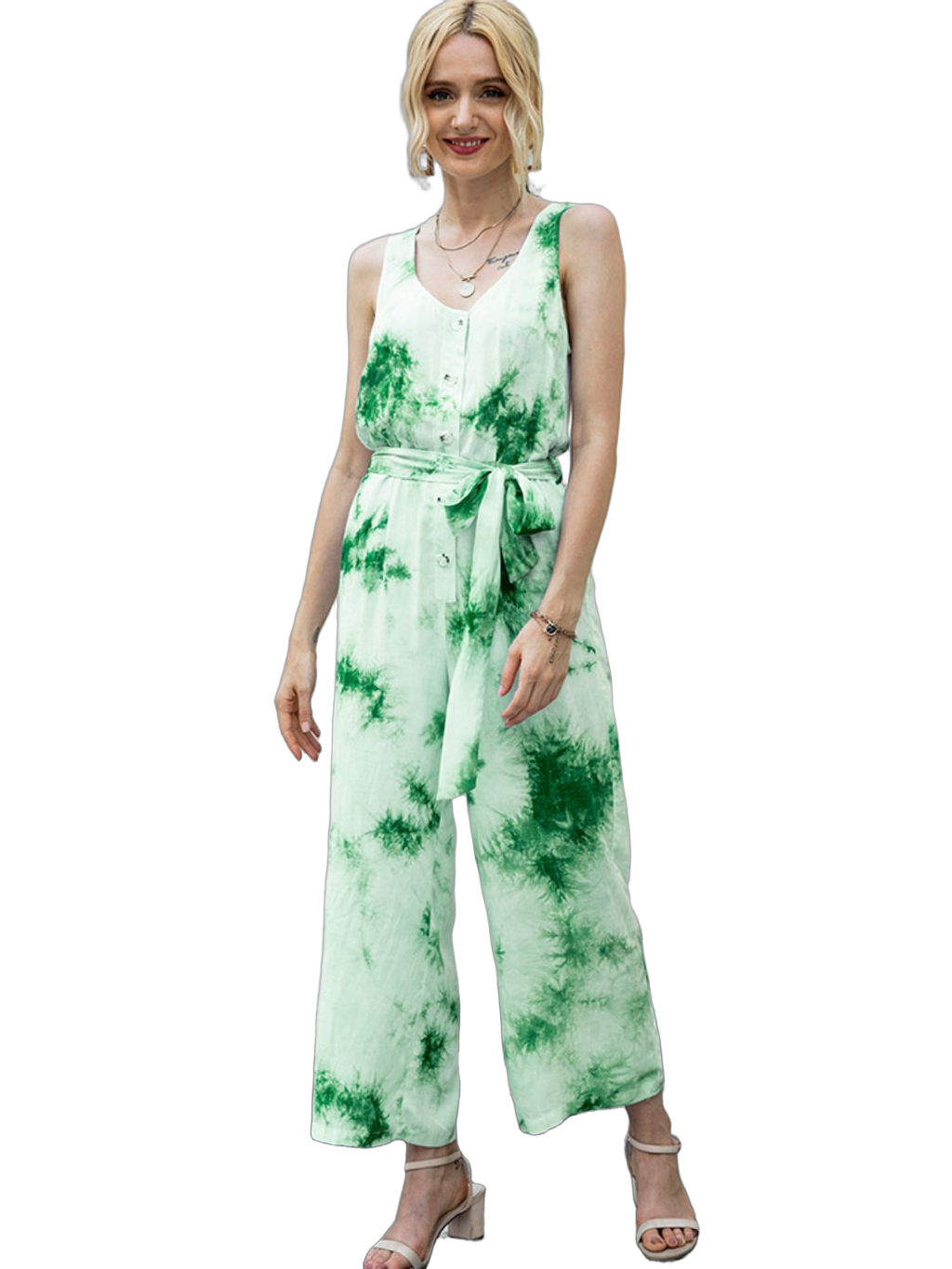 Sleeveless green-and-white tie-dye jumpsuit with round neckline, front buttons, self-tie waist and wide legs