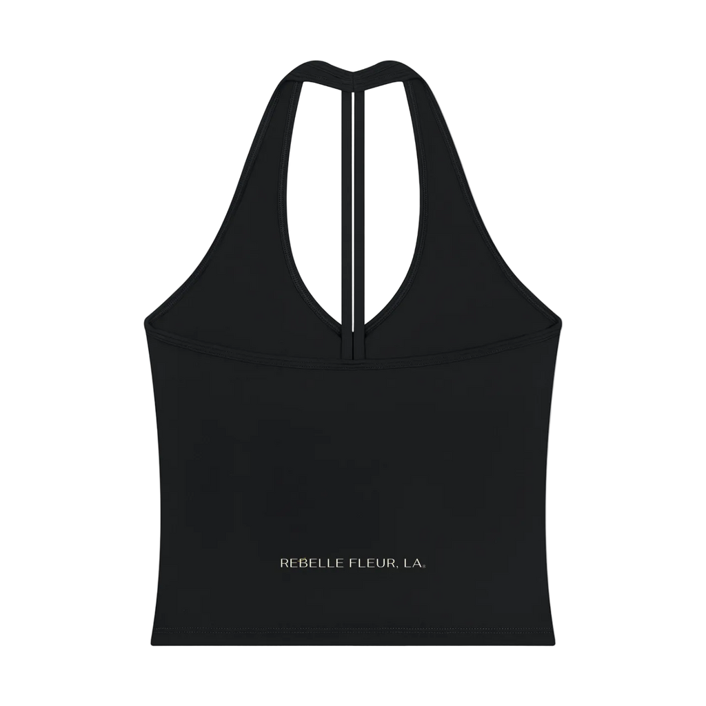Halter V-neck cropped tank with narrow center back strap and "REBELLE FLEUR, LA." printed at lower back