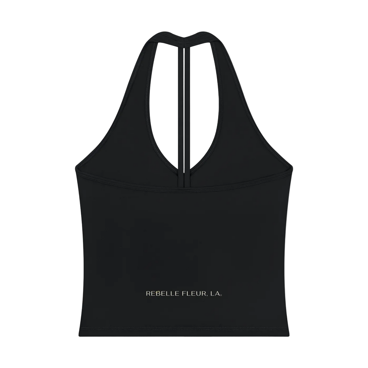 Halter V-neck cropped tank with narrow center back strap and "REBELLE FLEUR, LA." printed at lower back