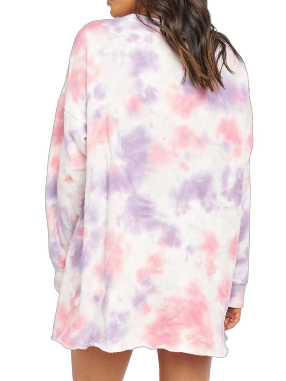 Back view of long-sleeve tie-dye dress with soft pink and lavender splotches on white, relaxed hem and model's wavy hair.