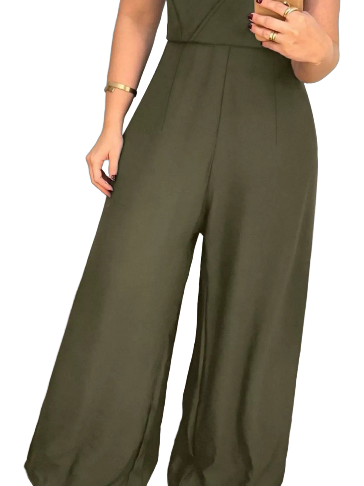 Army green wide-leg jumpsuit from waist to hem; model's hands with gold bracelet and rings
