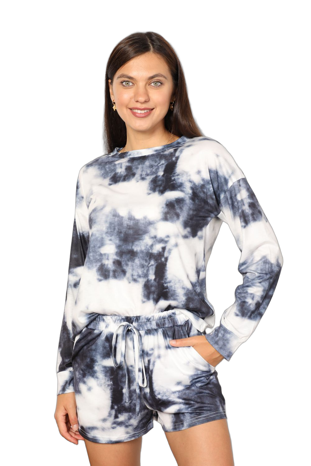 Model wearing dark gray and white tie-dye round-neck long-sleeve top and drawstring shorts with hand in pocket