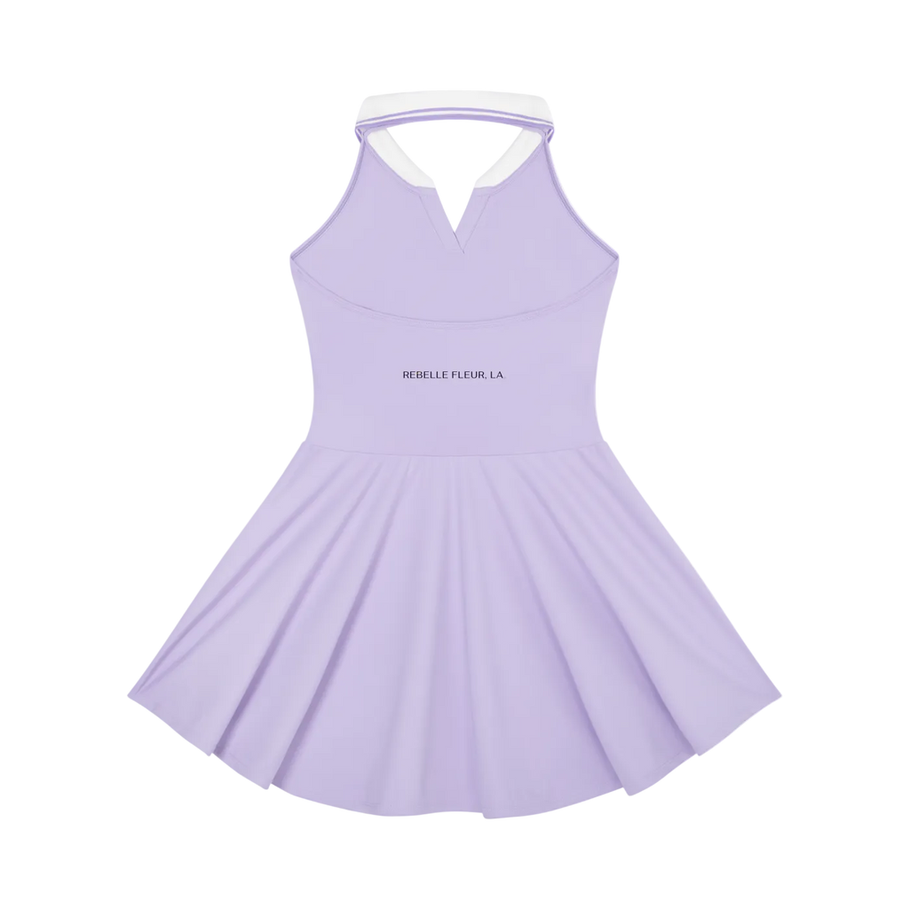 Lavender halter tennis dress with white collar trim, V-notch front, flared A-line skirt and REBELLE FLEUR, LA chest print