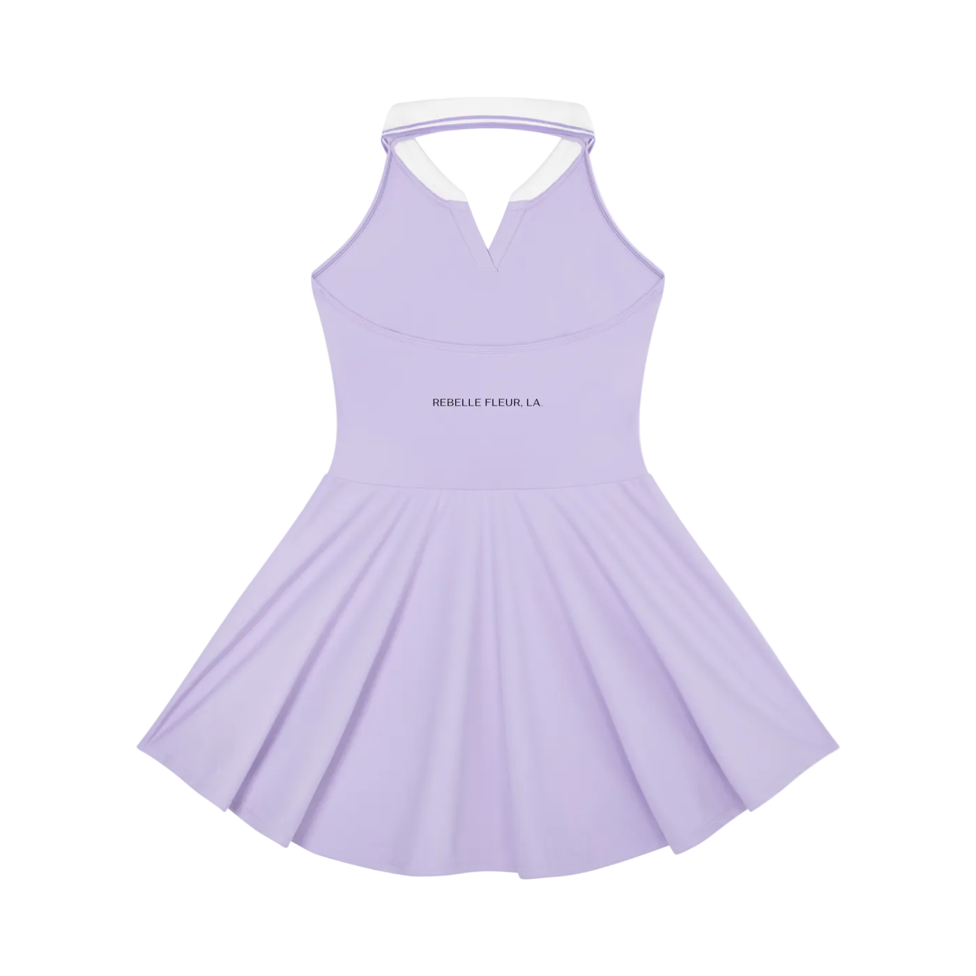 Lavender halter tennis dress with white collar trim, V-notch front, flared A-line skirt and REBELLE FLEUR, LA chest print