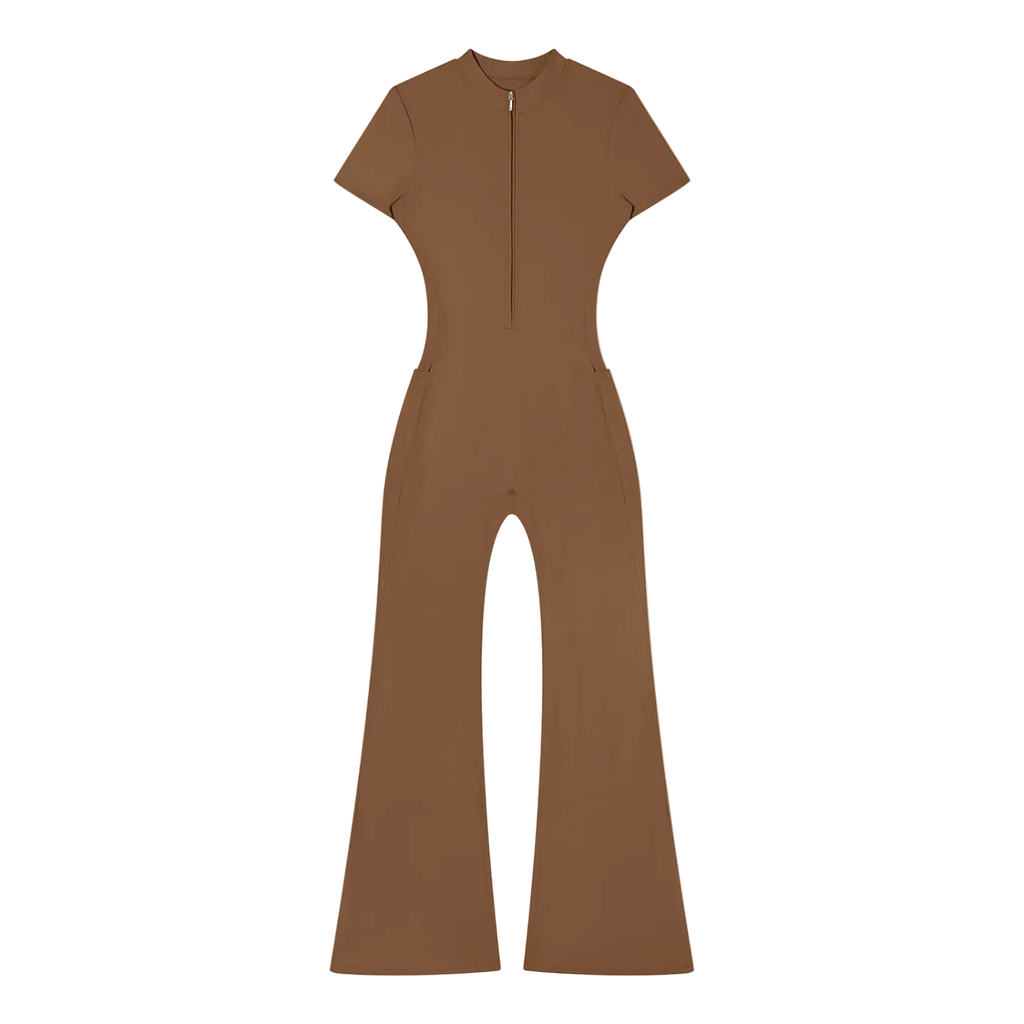 Short-sleeve brown one-piece jumpsuit with quarter zipper, fitted waist and flared legs.
